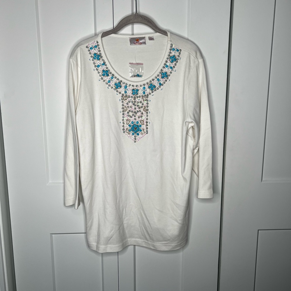 Quacker Factory Embellished Stone Sequin White Top Shirt Size Large NWOT